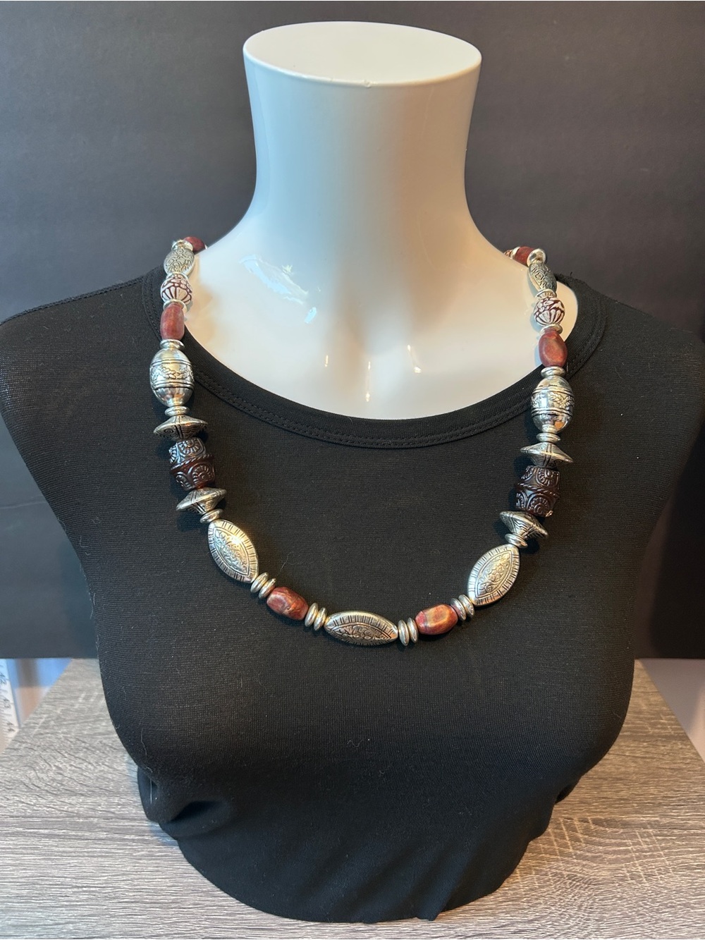 Statement Silver-Tone Necklace with Brown Accent Beads